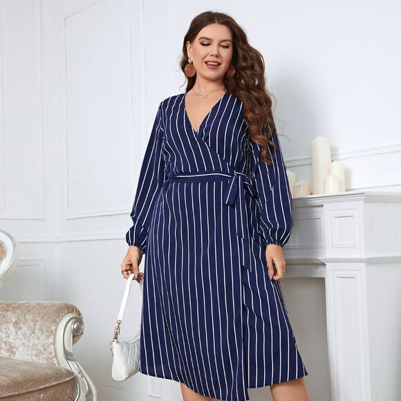 Melo Apparel Plus Size Striped Surplice Neck Long Sleeve Dress - Picture 2 of 7